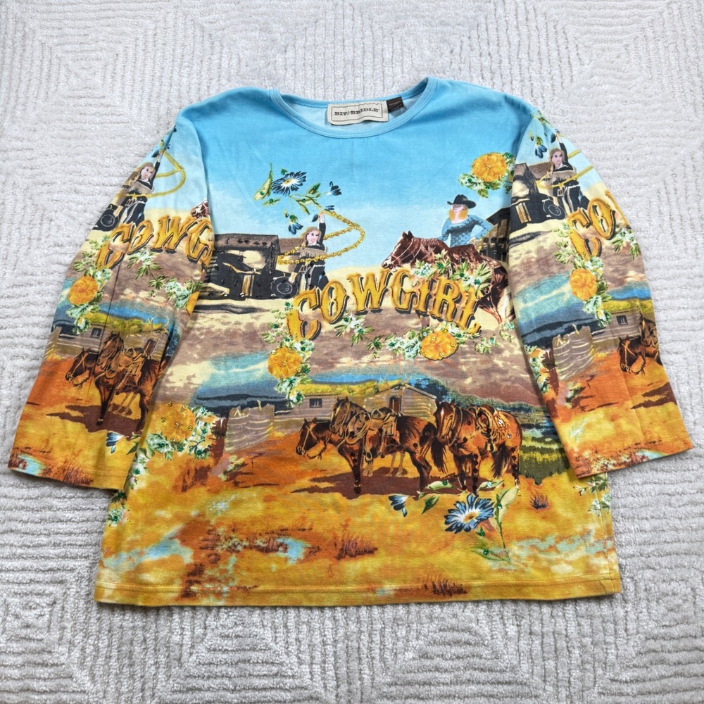 VTG Bit & Bridle Cowgirl Top Womens 1X Western Horse Ranch Sequin AOP Y2K 00's